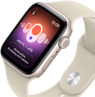 Apple Watch SE 3, Aluminiumgehäuse, Farbe Polarstern, Zyklusprotokoll mit verschiedenen Menstruationssymptomen, rechte Seitenansicht, Digital Crown, Seitentaste, Sportarmband, Farbe Sand